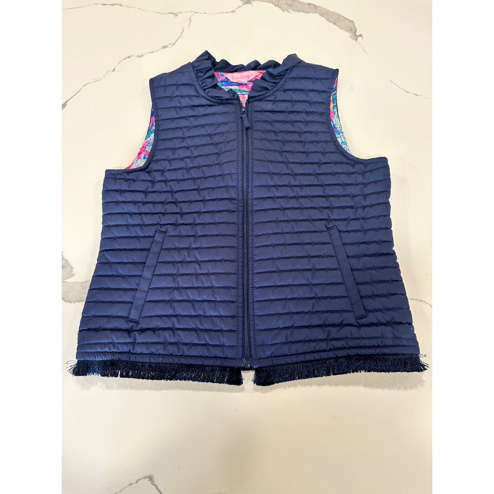 Lilly Pulitzer Girls Quilted Vest Navy Blue Floral Ruffle Trim Size XL 12 14
